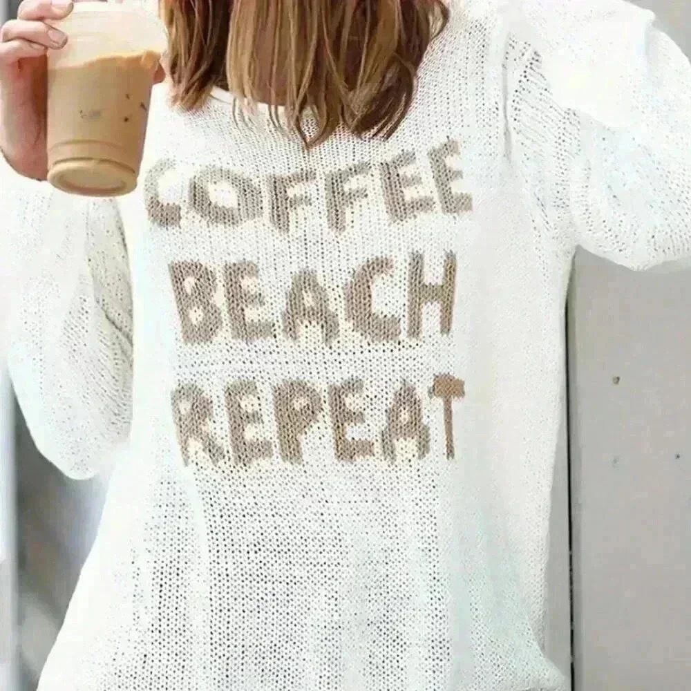 White Casual Women's Round Neck Long Sleeve Side Split Letter Knitted Sweater